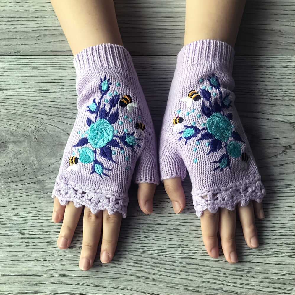 Women's Flower Knit Fingerless Gloves