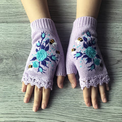 Women's Flower Knit Fingerless Gloves