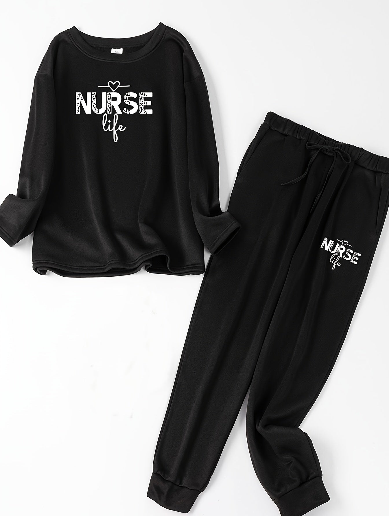  Lounge Set Women's Plus Heart & Letter Print Long Sleeve