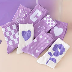 8 Pairs Letter & Heart Print Socks Women's Mid Tube Stockings