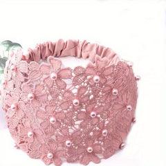 Wide Lace Headband with Floral Design and Faux Pearls