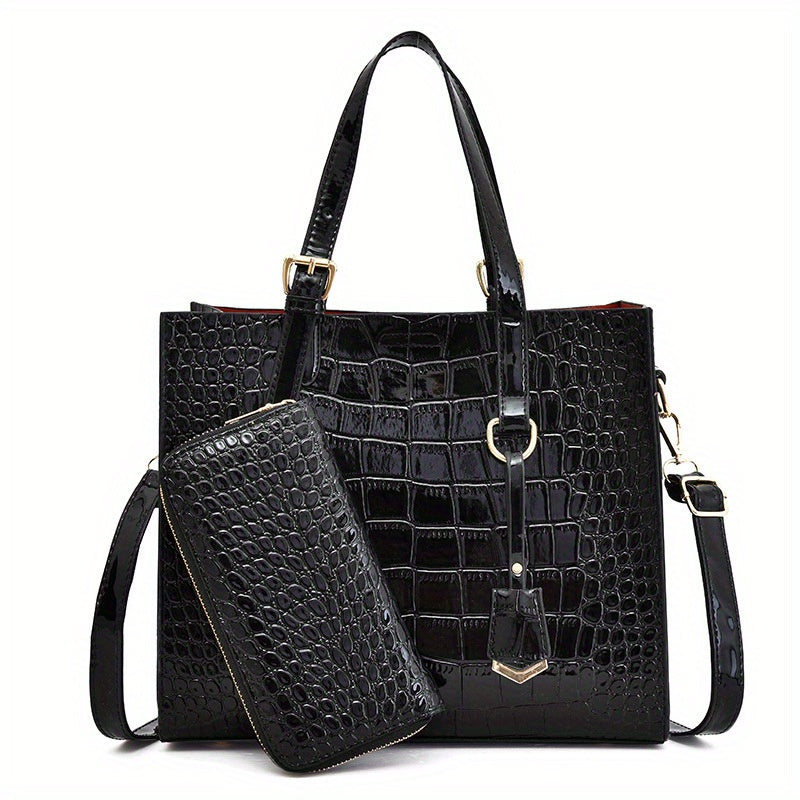 Crocodile Embossed Handbag With Pouch Large Tote Bag PU Leather Crossbody Bag