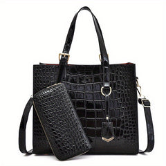 Crocodile Embossed Handbag With Pouch Large Tote Bag PU Leather Crossbody Bag