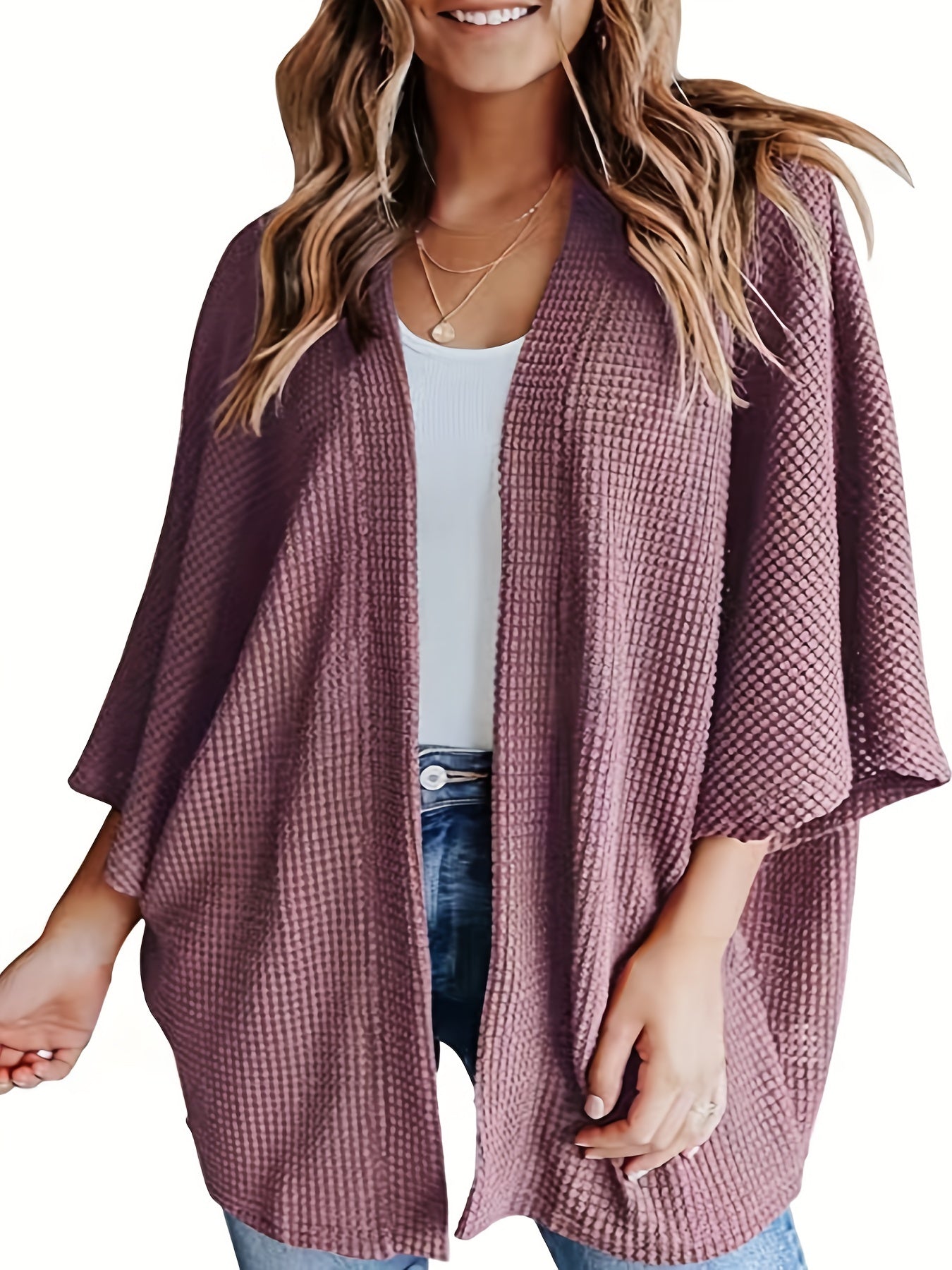  Solid Waffle Knit Bat Sleeve Cardigan