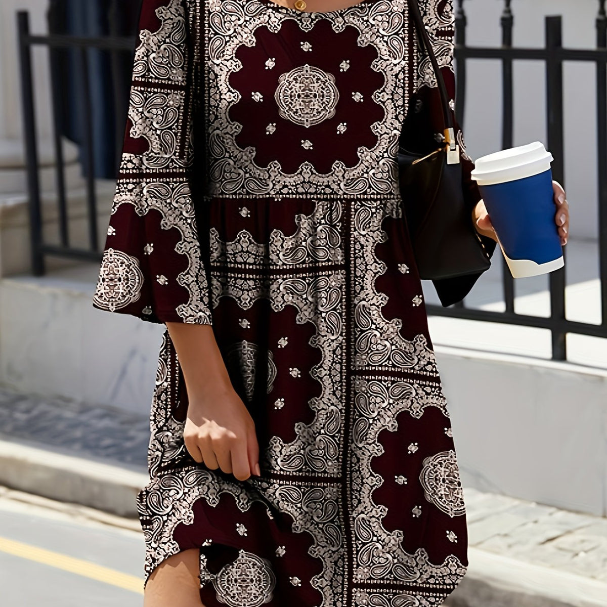  Boho Dress Women's Plus Paisley Print Bell Sleeve