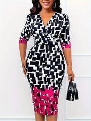  Colorblock Geometric Print Bodycon Midi Dress