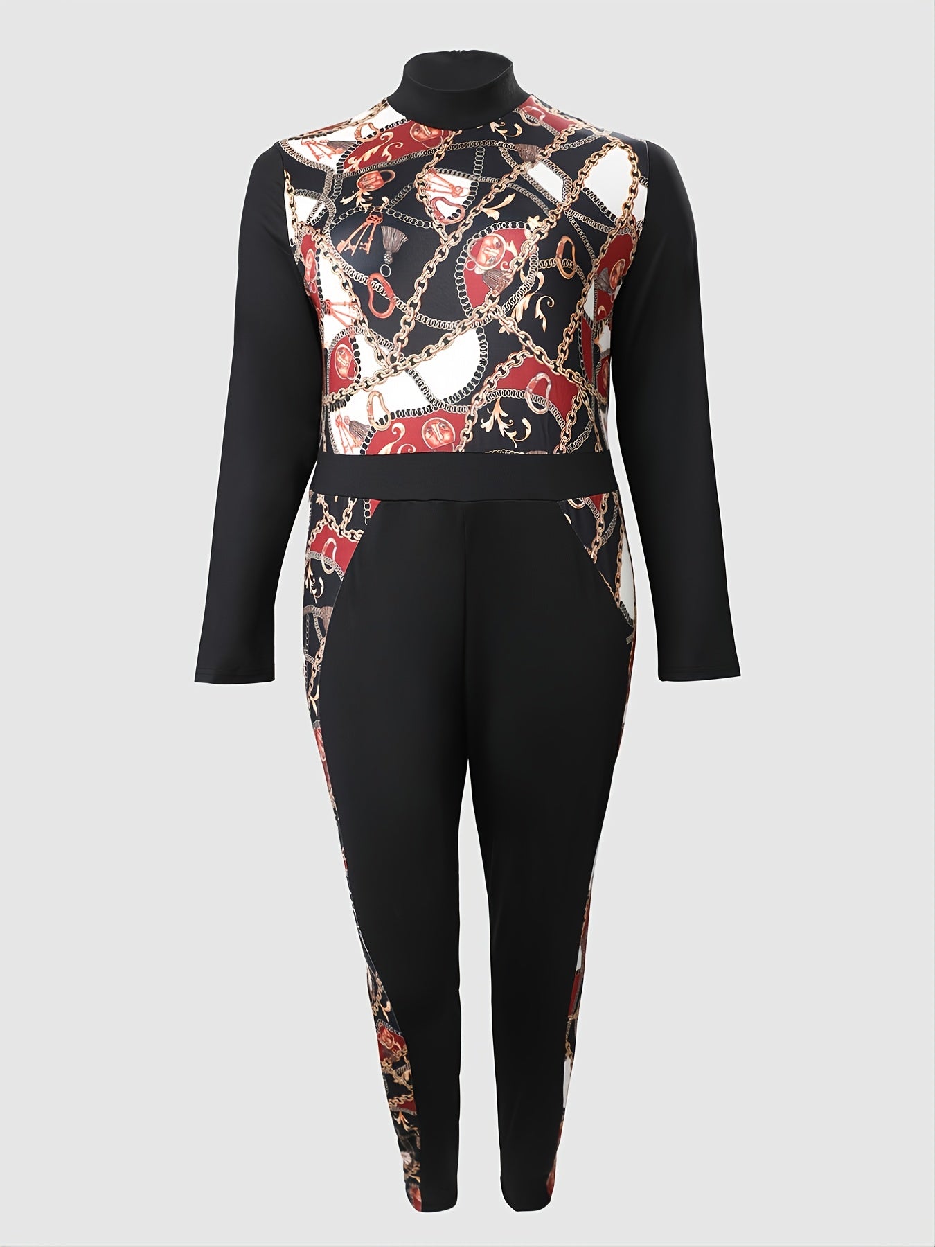  Colorblock Paisley Print Long Sleeve Mock Neck Jumpsuit