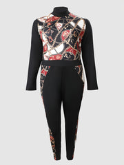  Colorblock Paisley Print Long Sleeve Mock Neck Jumpsuit