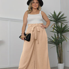 Plus Solid Ruffle Trim Elastic High Rise Wide Leg Trousers