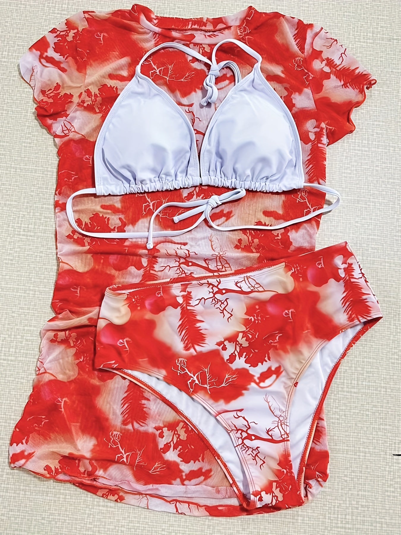  Halter Neck Tie Bra & Panty & Cover Up Swimsuit Set