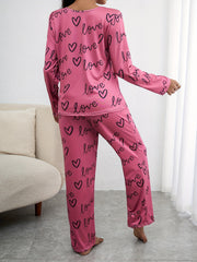 Letter & Heart Print Pajama Set Crew Neck Top & Elastic Waistband