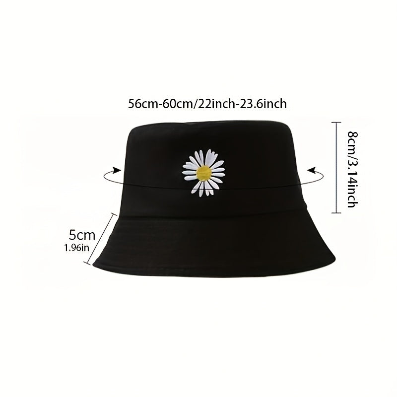 Daisy Flower Embroidery Bucket Hat Reversible Sunscreen Beach Cap Women