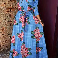  Floral & Grid Print Side Knot Sleeve Maxi Dress