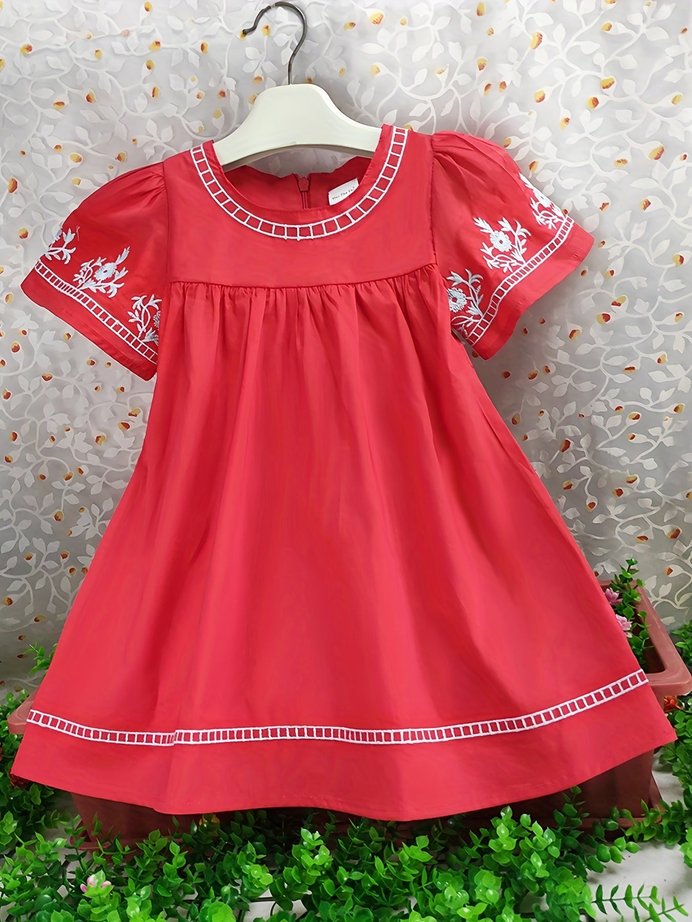 Girls Floral Embroidery Short Sleeve Cotton Dress Boho Style
