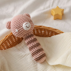 Crochet Bear Rattle Teether Toy Knitted Brown Animal Doll Built in Bell