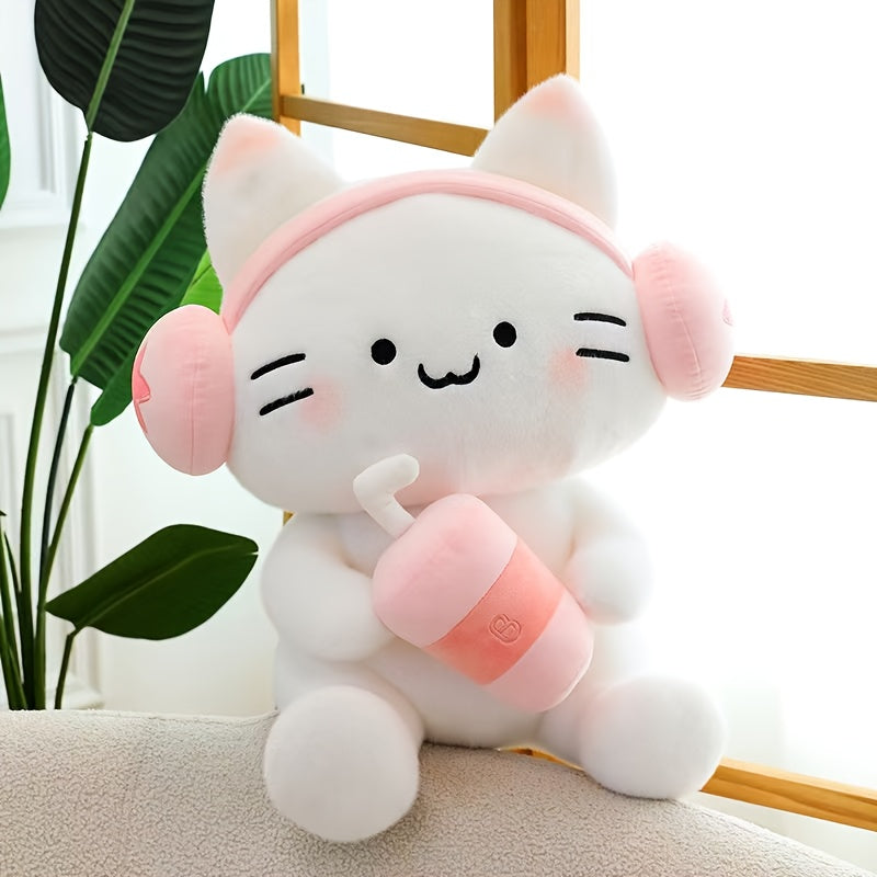 9.84in Cat Plush with Headphones Holding Drink Cup for Parties & Birthday