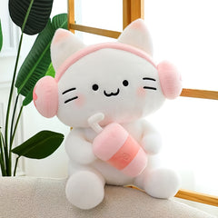 9.84in Cat Plush with Headphones Holding Drink Cup for Parties & Birthday