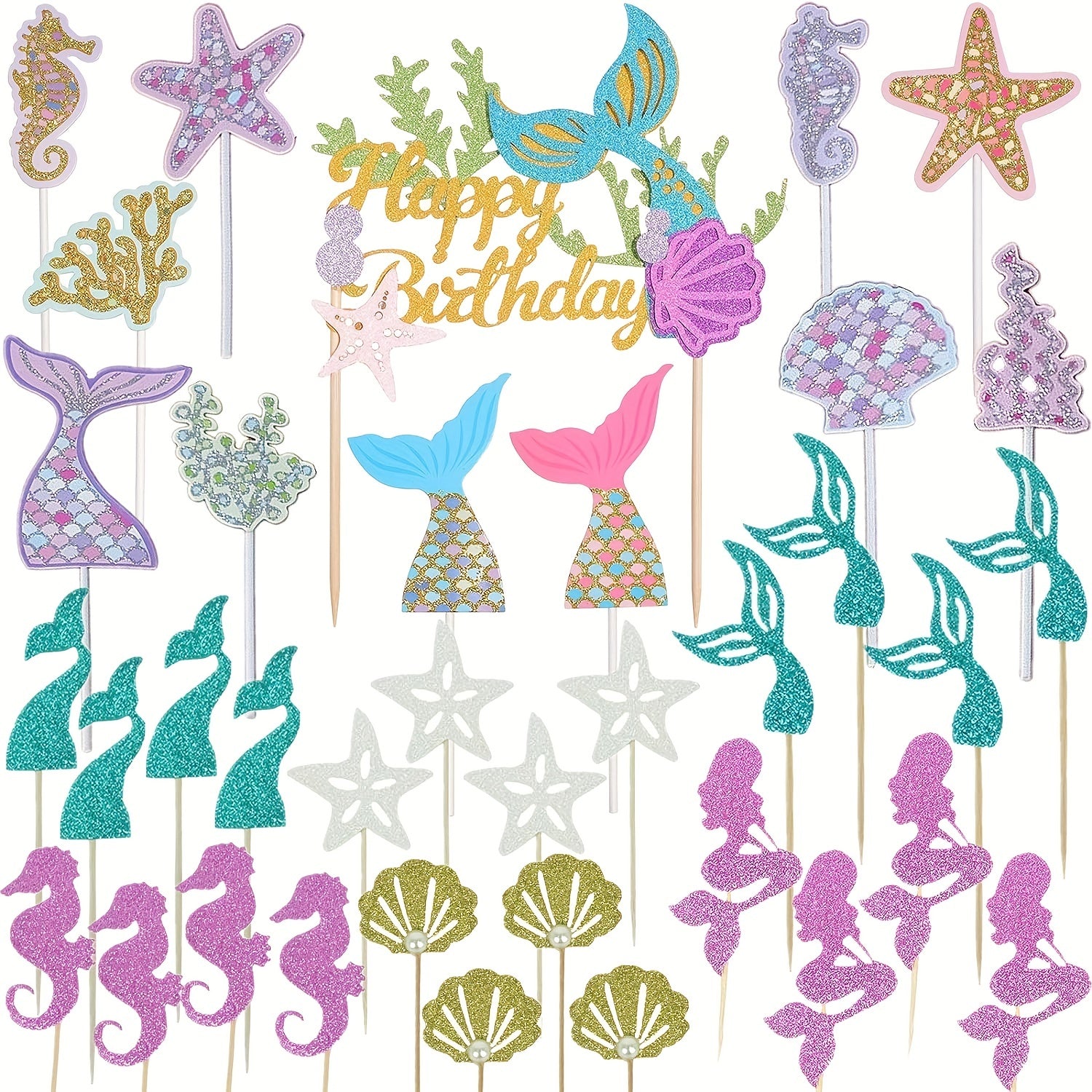 36pcs Glitter Mermaid Birthday Cake Topper Under the Sea Party Supplies