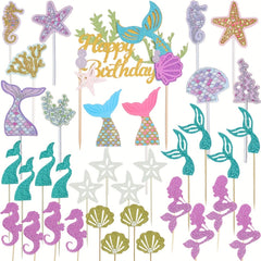 36pcs Glitter Mermaid Birthday Cake Topper Under the Sea Party Supplies