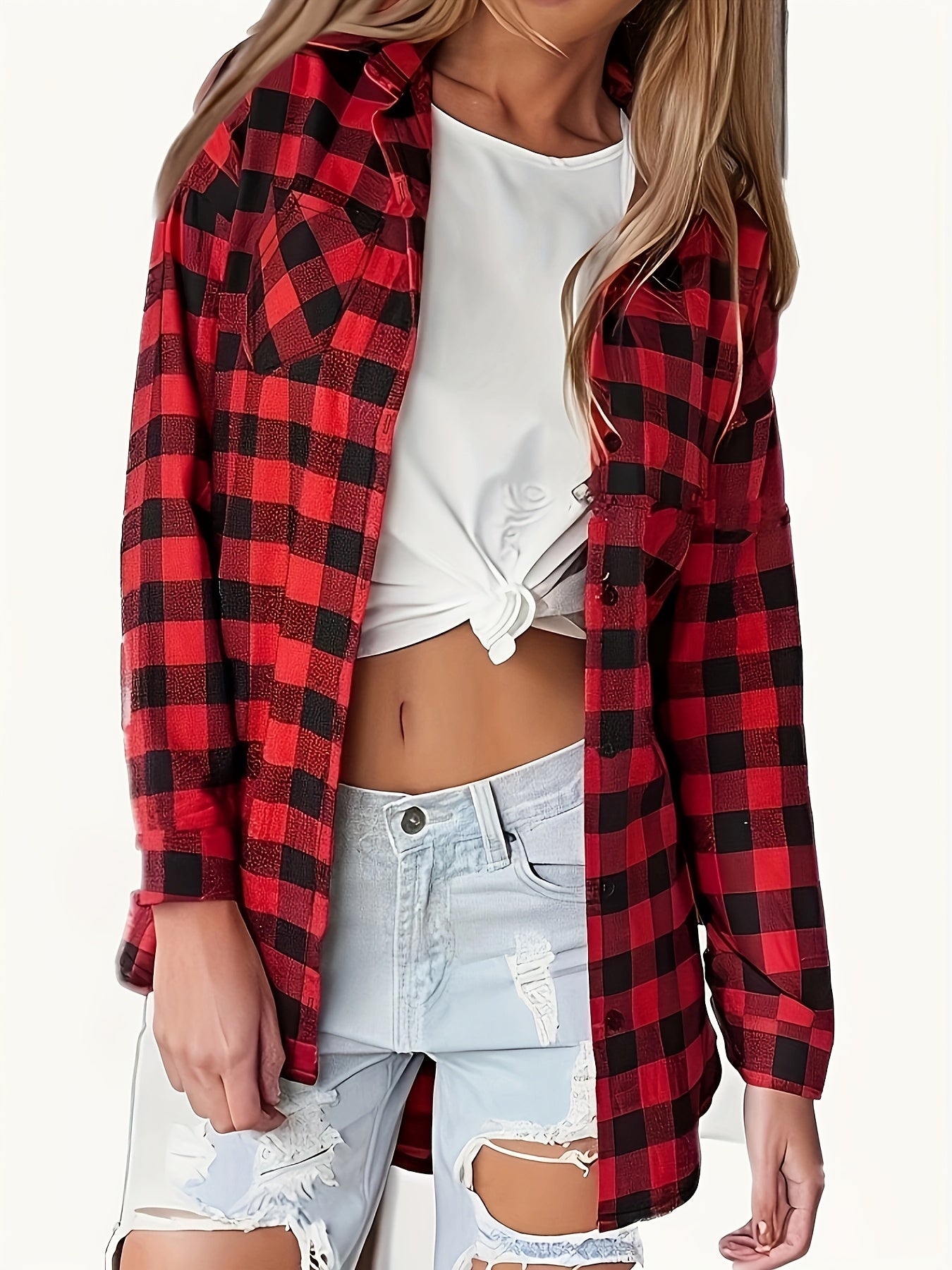  Plaid Print Long Sleeve Button Up Tunic Shirt With Pockets