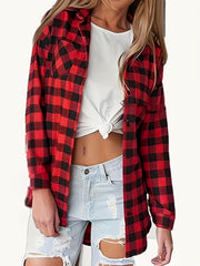  Plaid Print Long Sleeve Button Up Tunic Shirt With Pockets