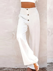  Boho Wide Leg Trousers Shirred Waist Button Decor High Rise