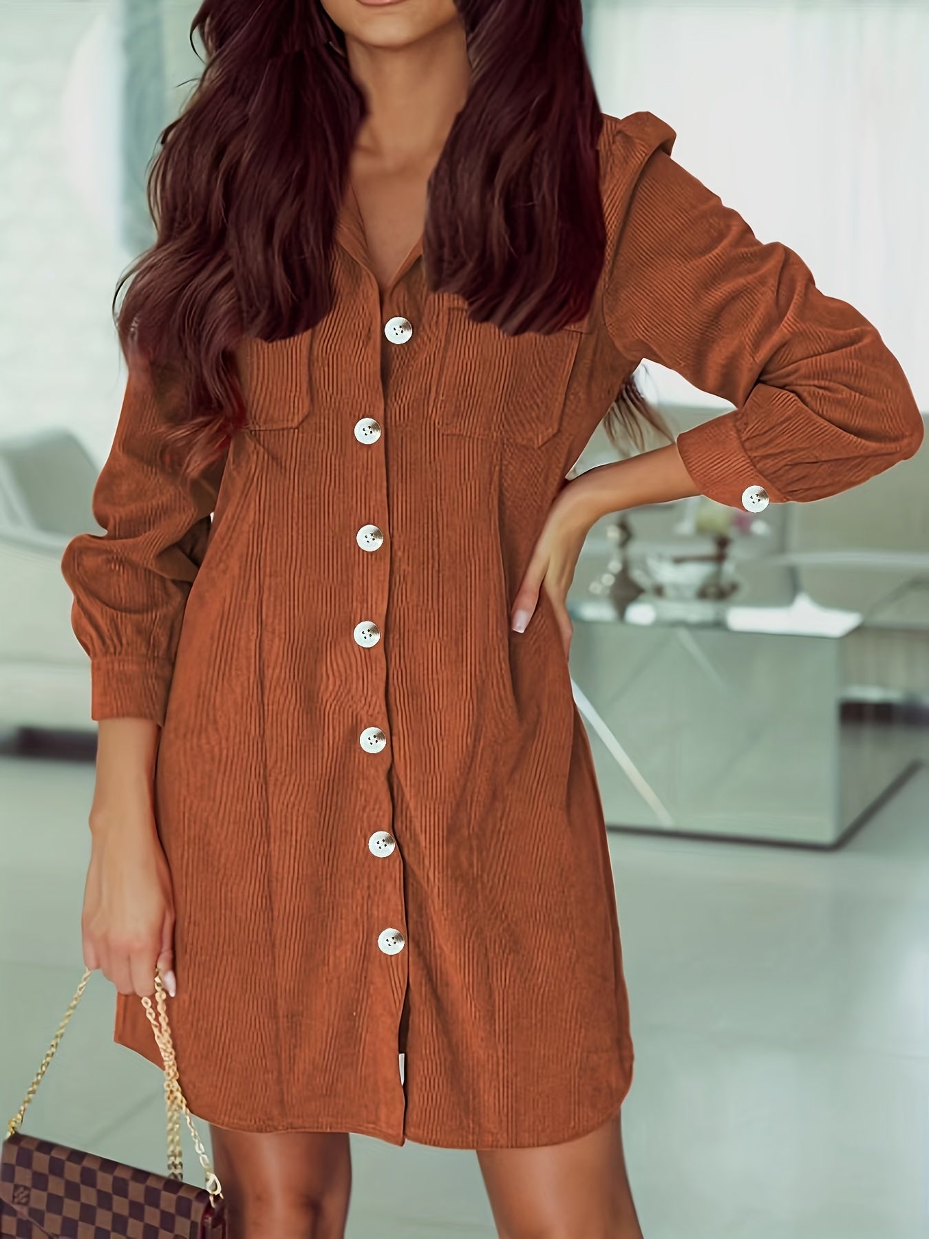  Solid Corduroy Button Up Long Sleeve Shirt Dress