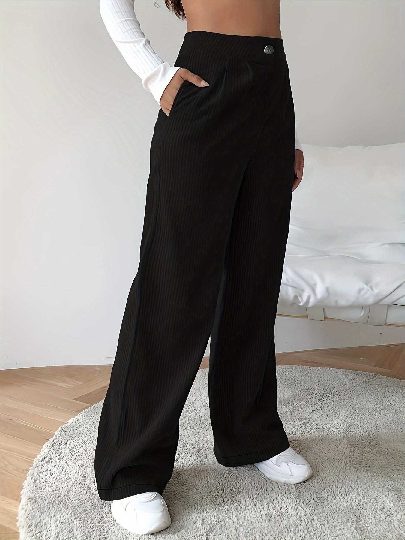  Solid Ribbed Button Fly High Rise Wide Leg Trousers