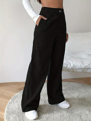  Solid Ribbed Button Fly High Rise Wide Leg Trousers