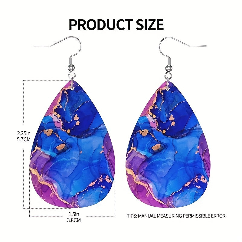 Purple Pattern Teardrop Dangle Earrings PU Leather Jewelry