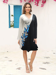  Colorblock Butterfly Print V Neck Dress