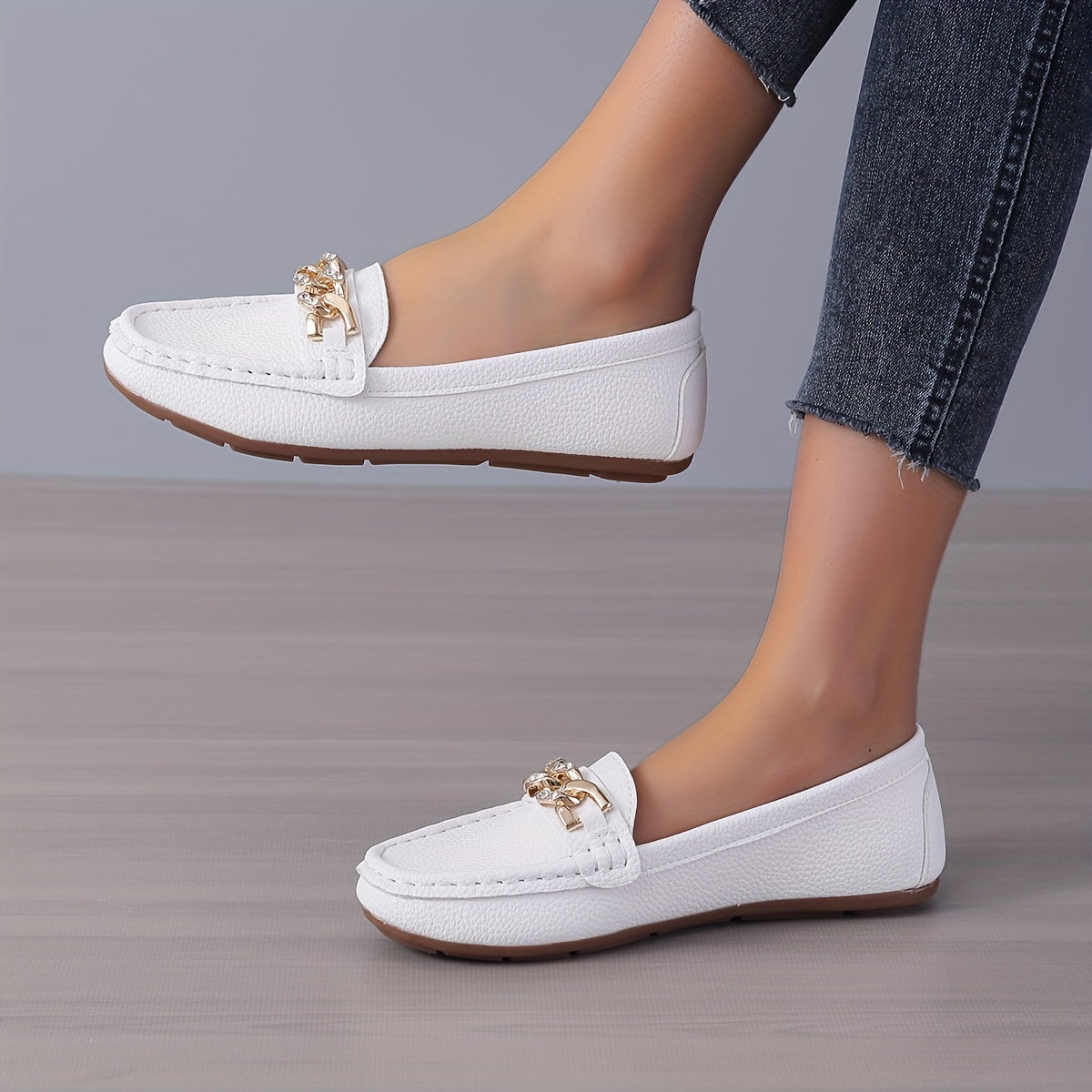 Chain Decor Flat Loafers with Rhinestone Soft Sole Slip On Shoes