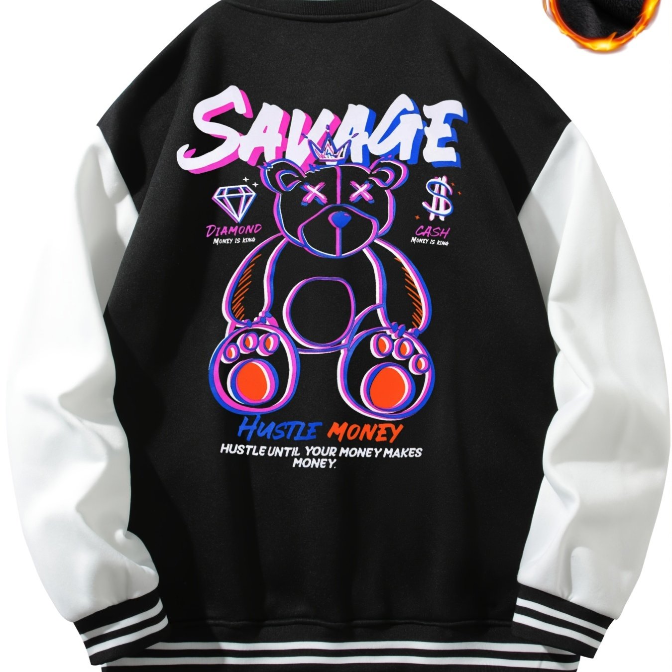 Bear Pattern Embroidery Varsity Jacket Men's Casual Button Up Jacket