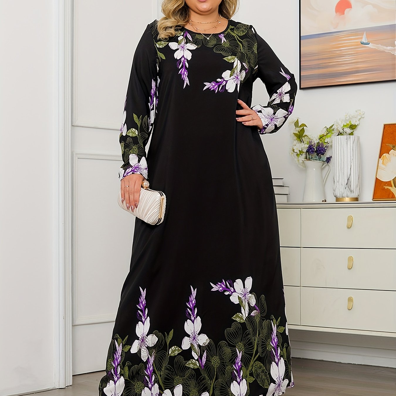  Floral Print Long Sleeve Round Neck Maxi Dress
