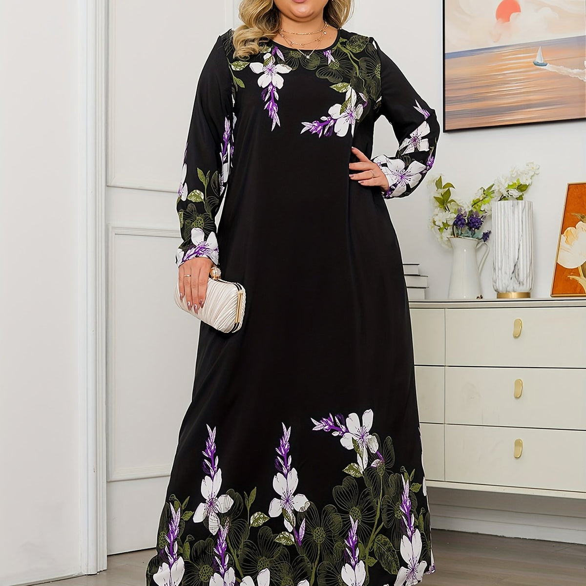  Floral Print Long Sleeve Round Neck Maxi Dress