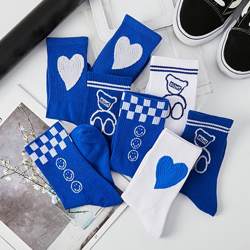 5 Pairs Love Bear Crew Socks Checkerboard Print Comfy Mid-tube Stockings
