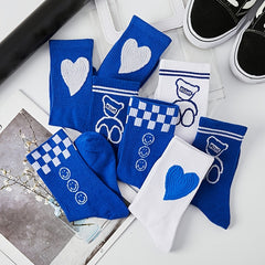 5 Pairs Love Bear Crew Socks Checkerboard Print Comfy Mid-tube Stockings