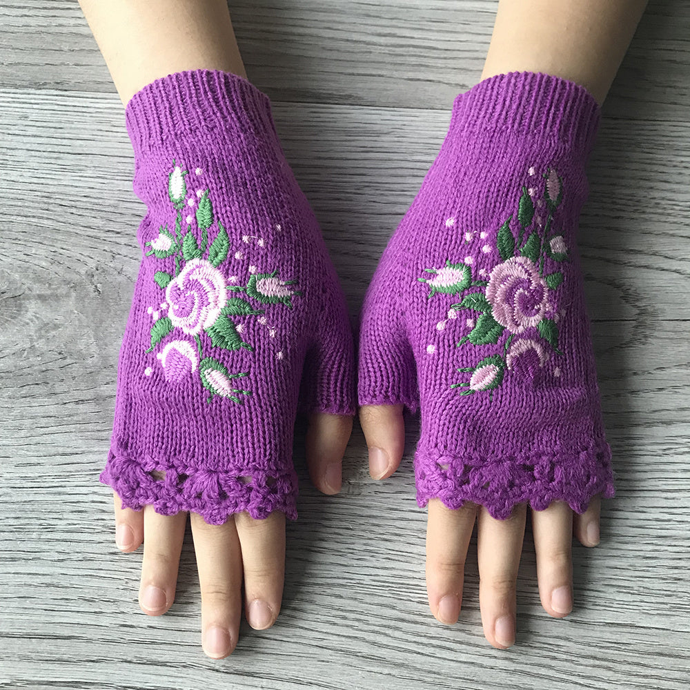 Women's Flower Knit Fingerless Gloves