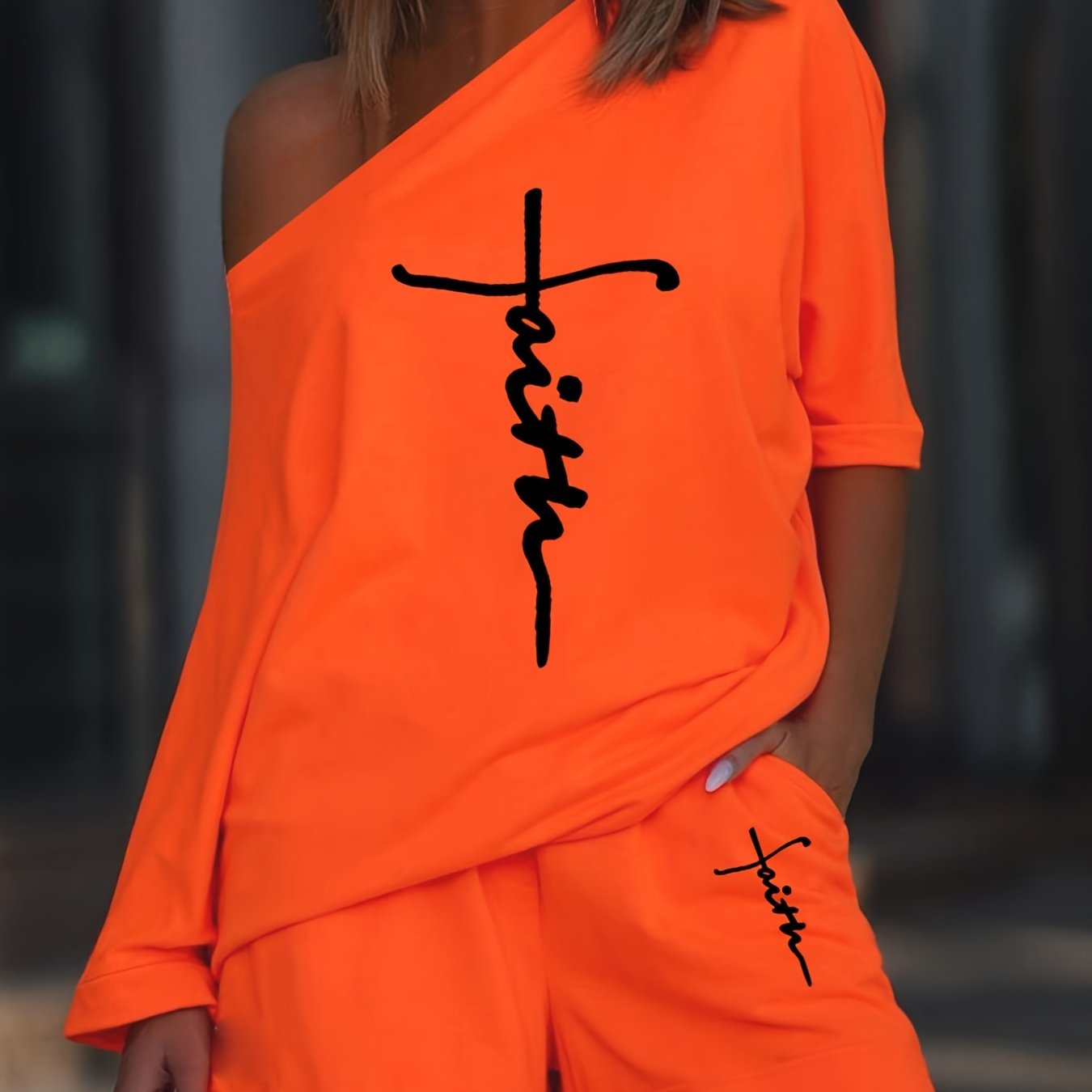Faith Letter Print 2 Piece Set T-shirt & Shorts Women's Outfit
