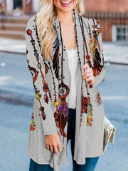 Boho Feather Print Plus Size Cardigan