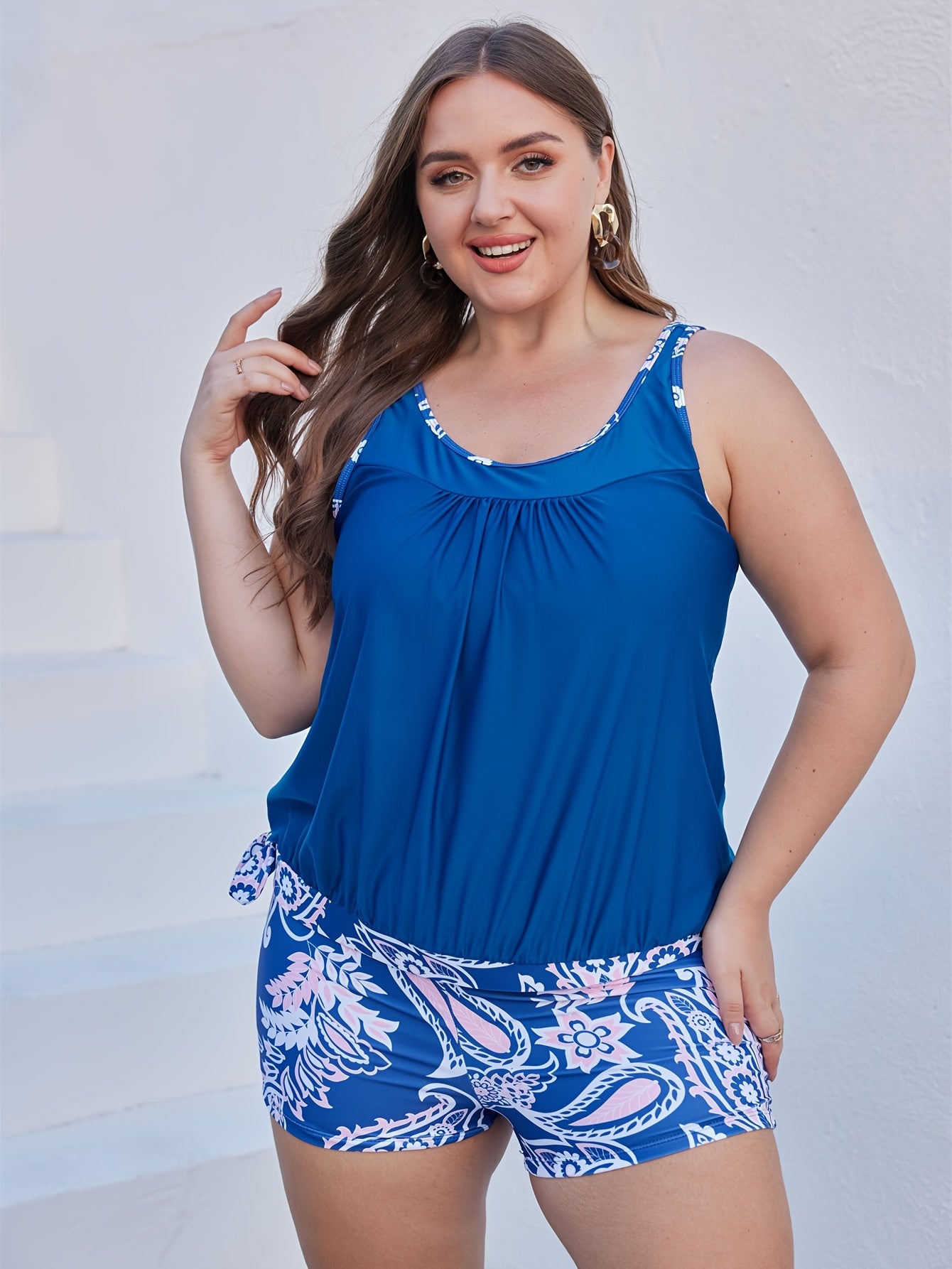 Boho Tankini Set Plus Size Women's Knot Side Tank Top & Paisley Print Short