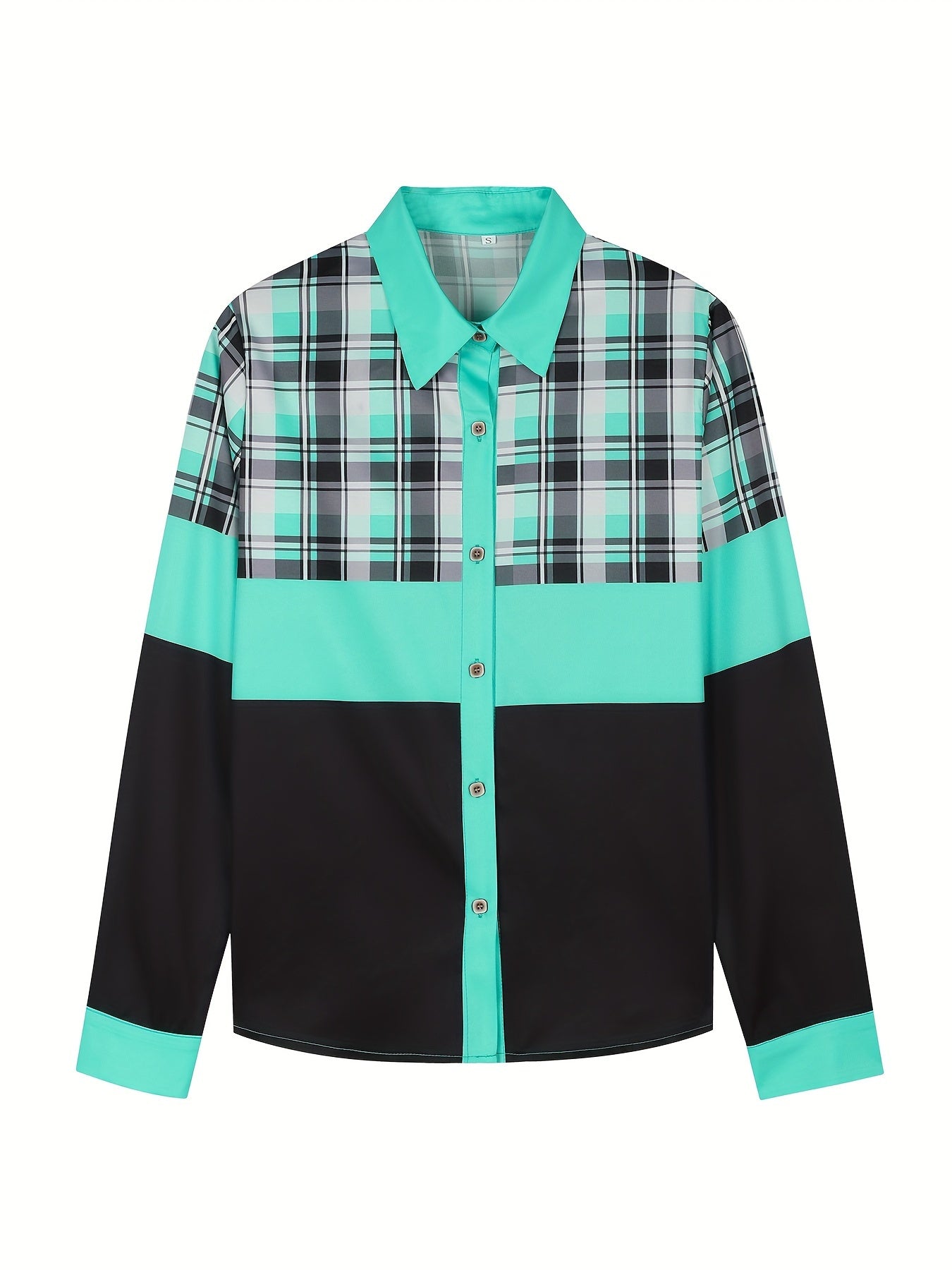  Colorblock Plaid Print Button Up Collar Shirt