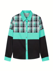  Colorblock Plaid Print Button Up Collar Shirt