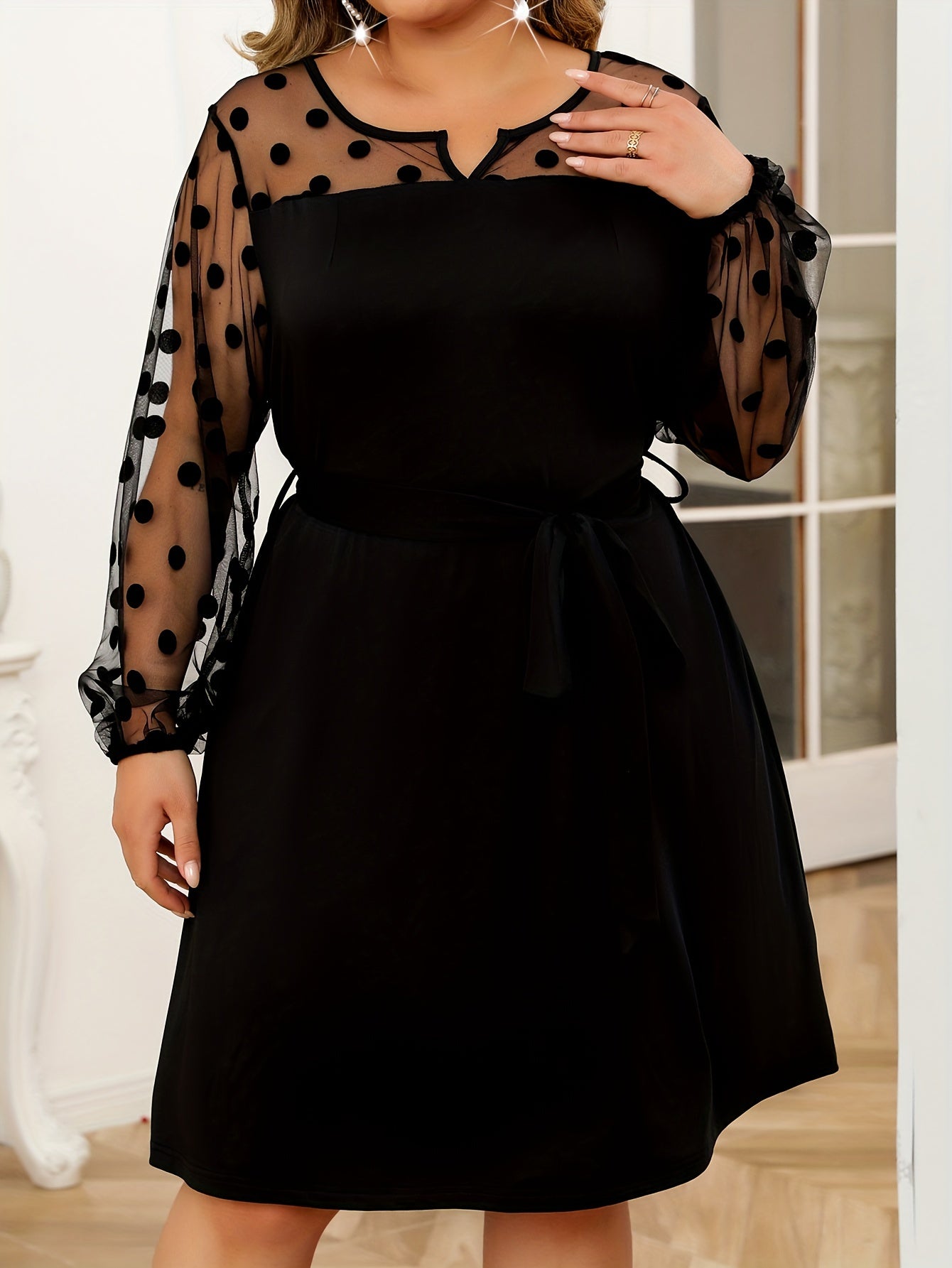  Casual Dress Women's Solid Dot Flocked Mesh Long Sleeve Dress