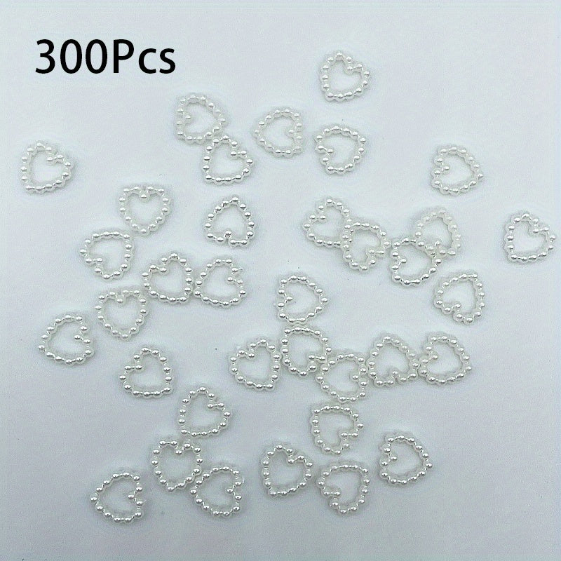 300Pcs Colorful Hollow Pearly Heart Pearl Nail Charm Acrylic Heart Decoration
