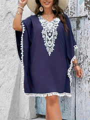  Solid Applique Batwing Sleeve Dress