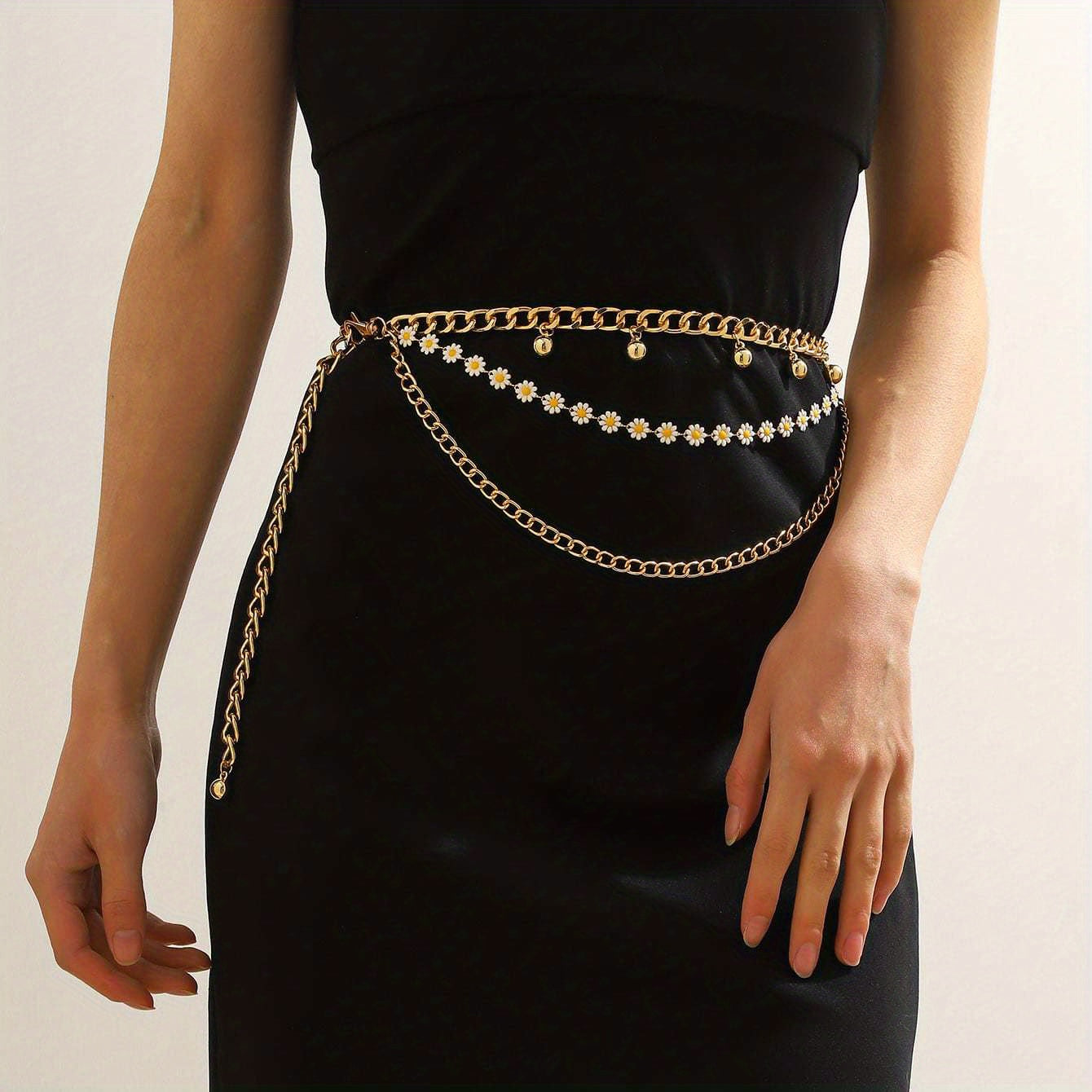 Daisy Layered Waist Chain Vintage Pendant Golden Tassel Metal Chain Belt