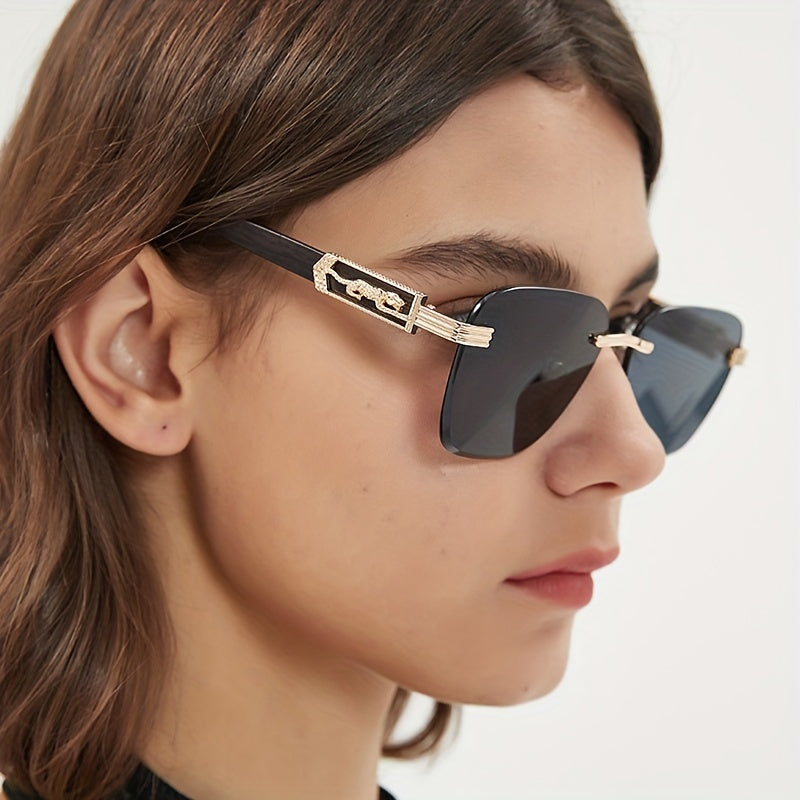 Rimless Square Sunglasses Leopard Decor UV400