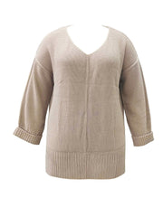  Casual Knit Top Solid Long Sleeve V Neck High Stretch Tunic