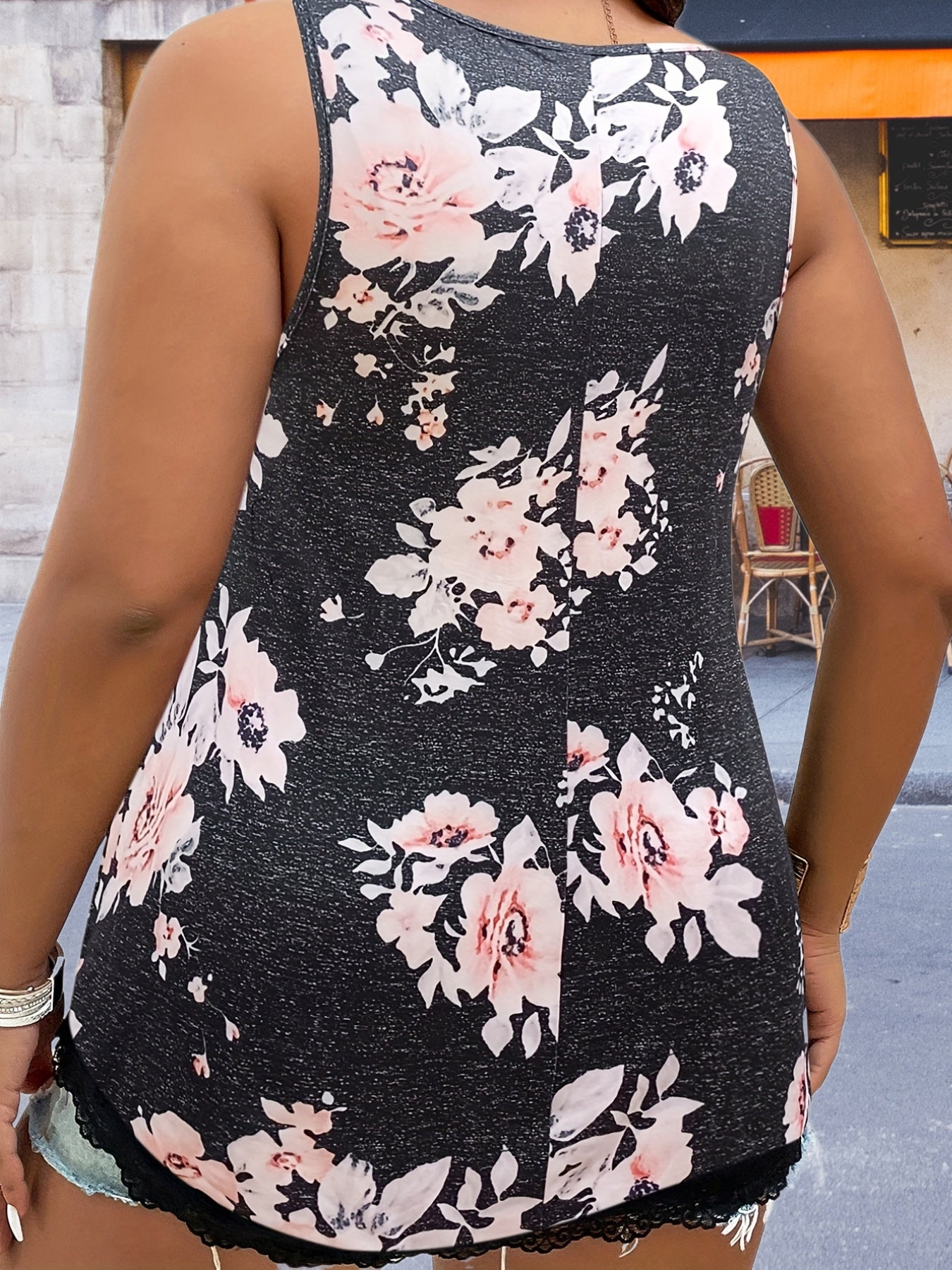  Floral Print V-Neck Lace Trim Tank Top